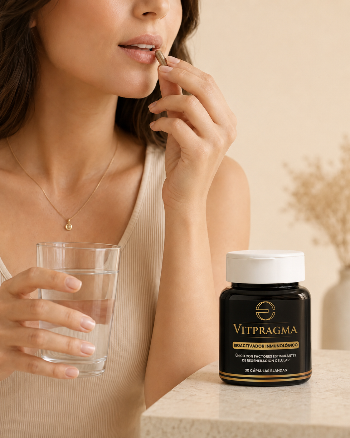 Mujer tomando VIT PRAGMA con vaso de agua