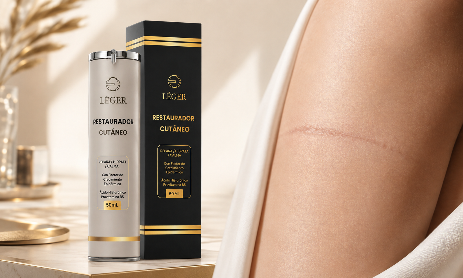 Gel para cicatriz de cirugía LÉGER junto a cicatriz quirúrgica cerrada