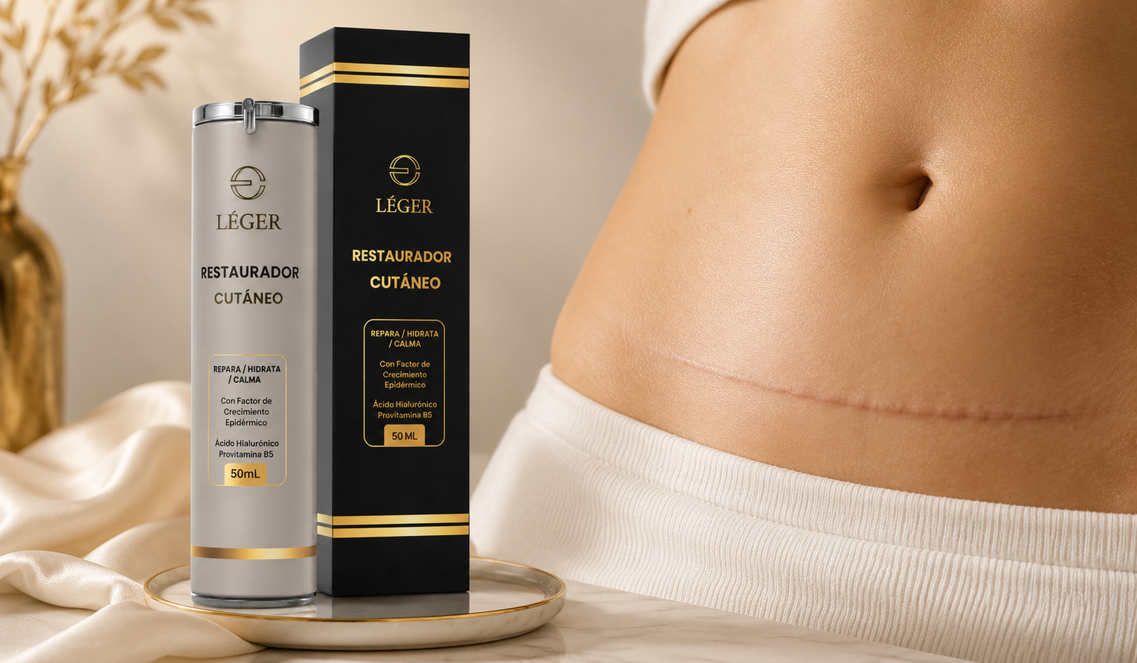 Gel para cicatriz de cesárea LÉGER junto a cicatriz cerrada