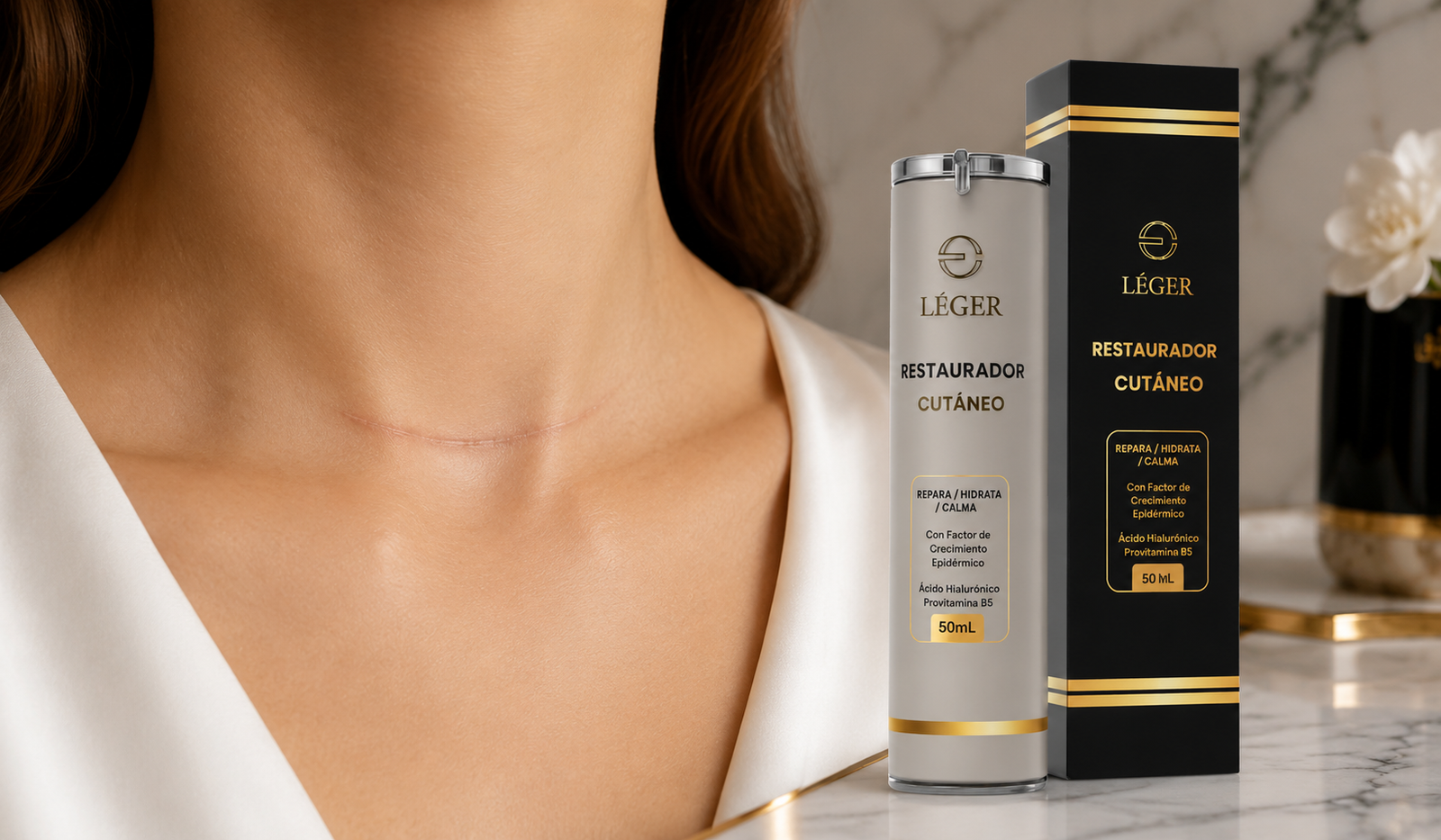 Gel para cicatriz de tiroides LÉGER junto a cicatriz cerrada en el cuello