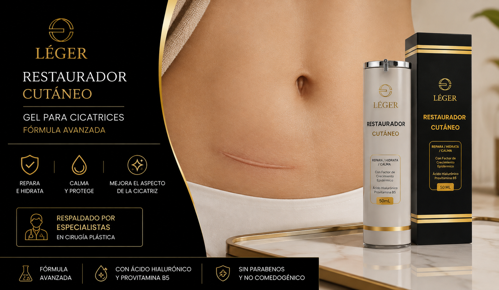 Gel para cicatriz de apendicitis LÉGER junto a cicatriz abdominal cerrada