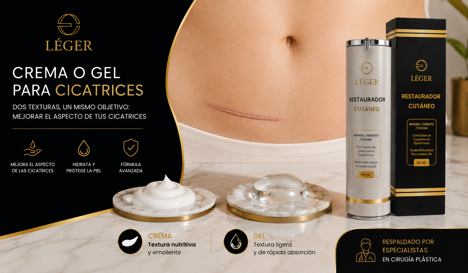Crema o gel para cicatrices LÉGER junto a cicatriz completamente cerrada