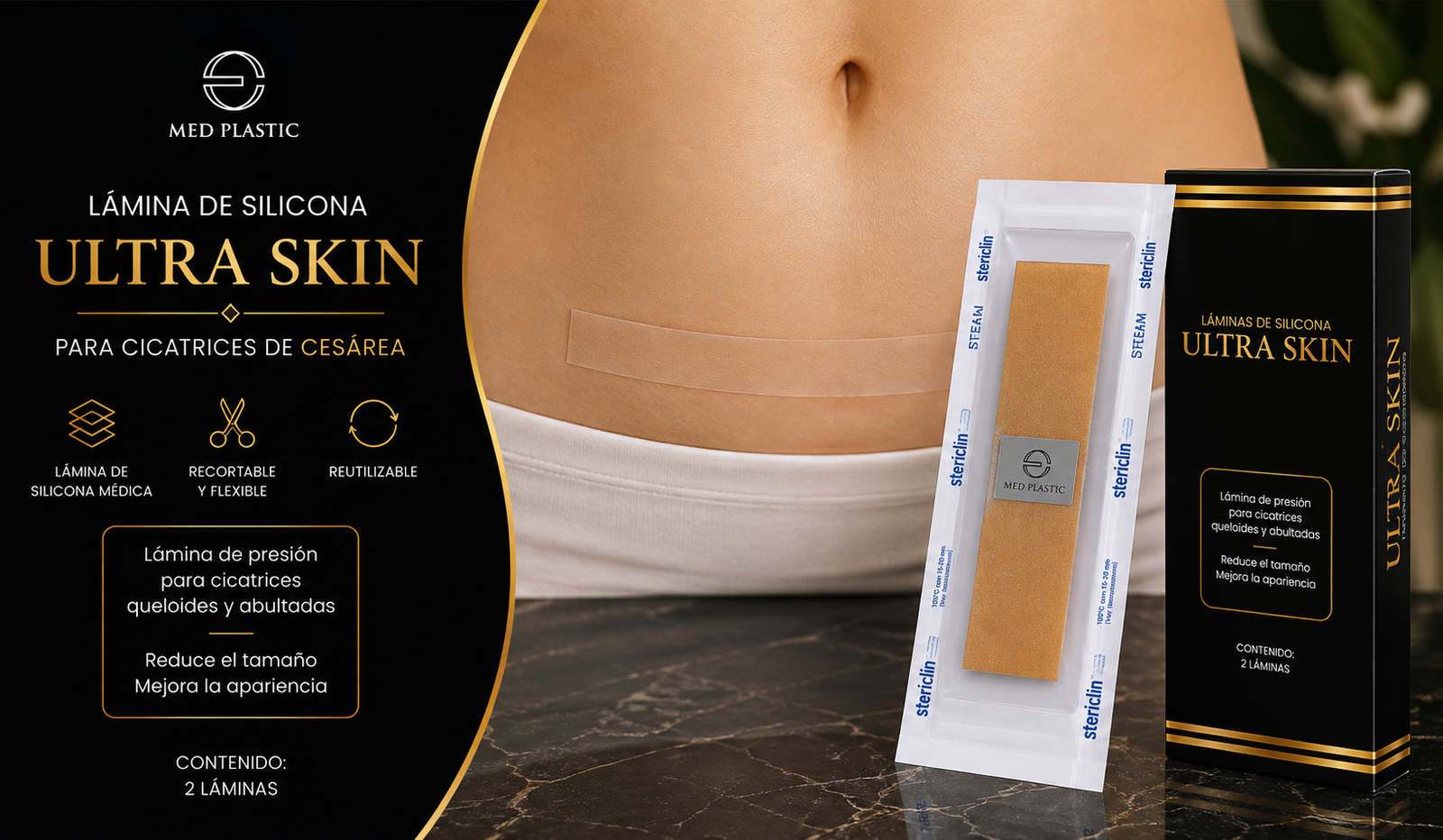 Lámina de silicona para cicatriz de cesárea UltraSkin sobre cicatriz cerrada