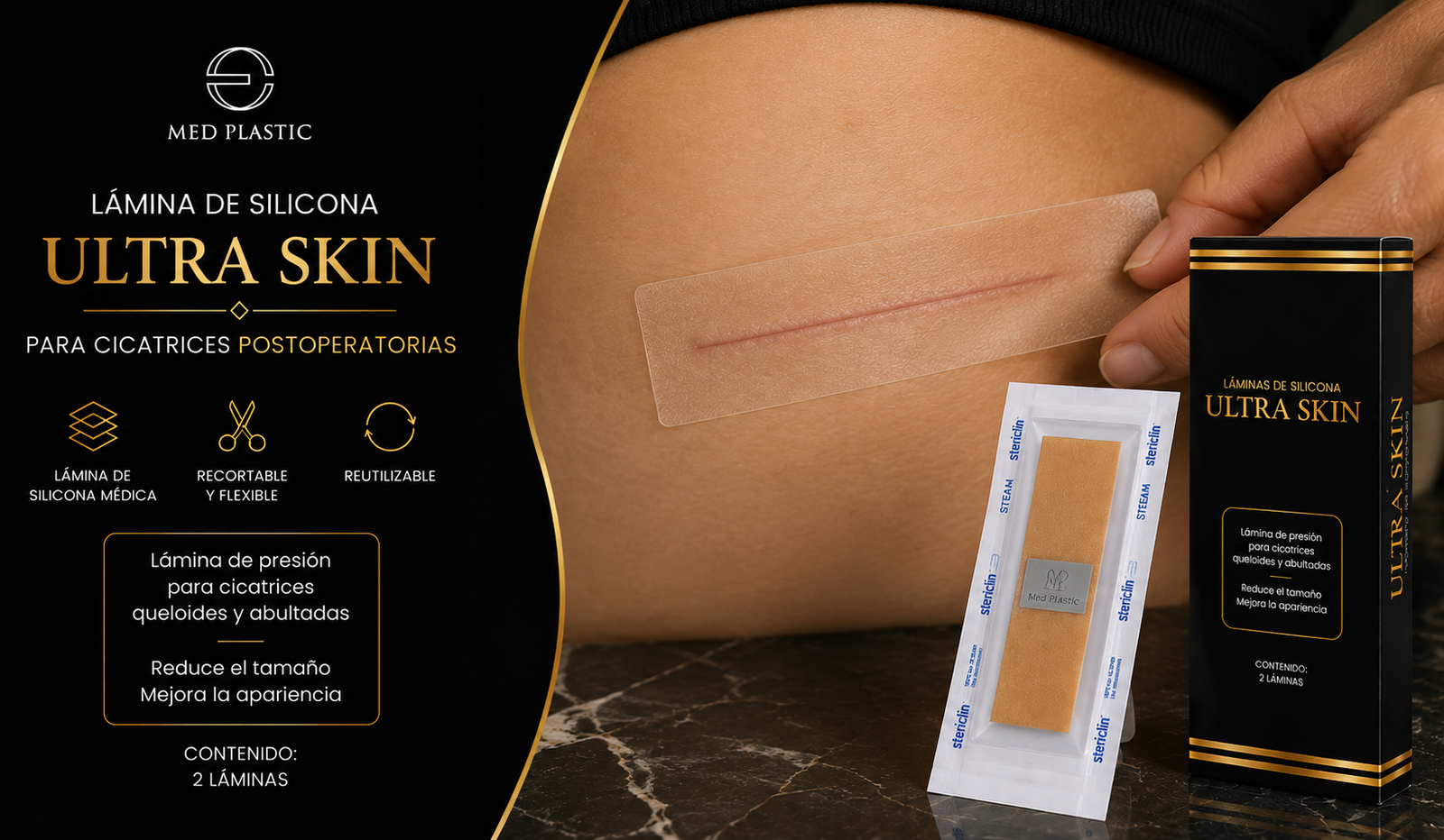 Lámina de silicona para cicatriz postoperatoria UltraSkin sobre cicatriz quirúrgica cerrada