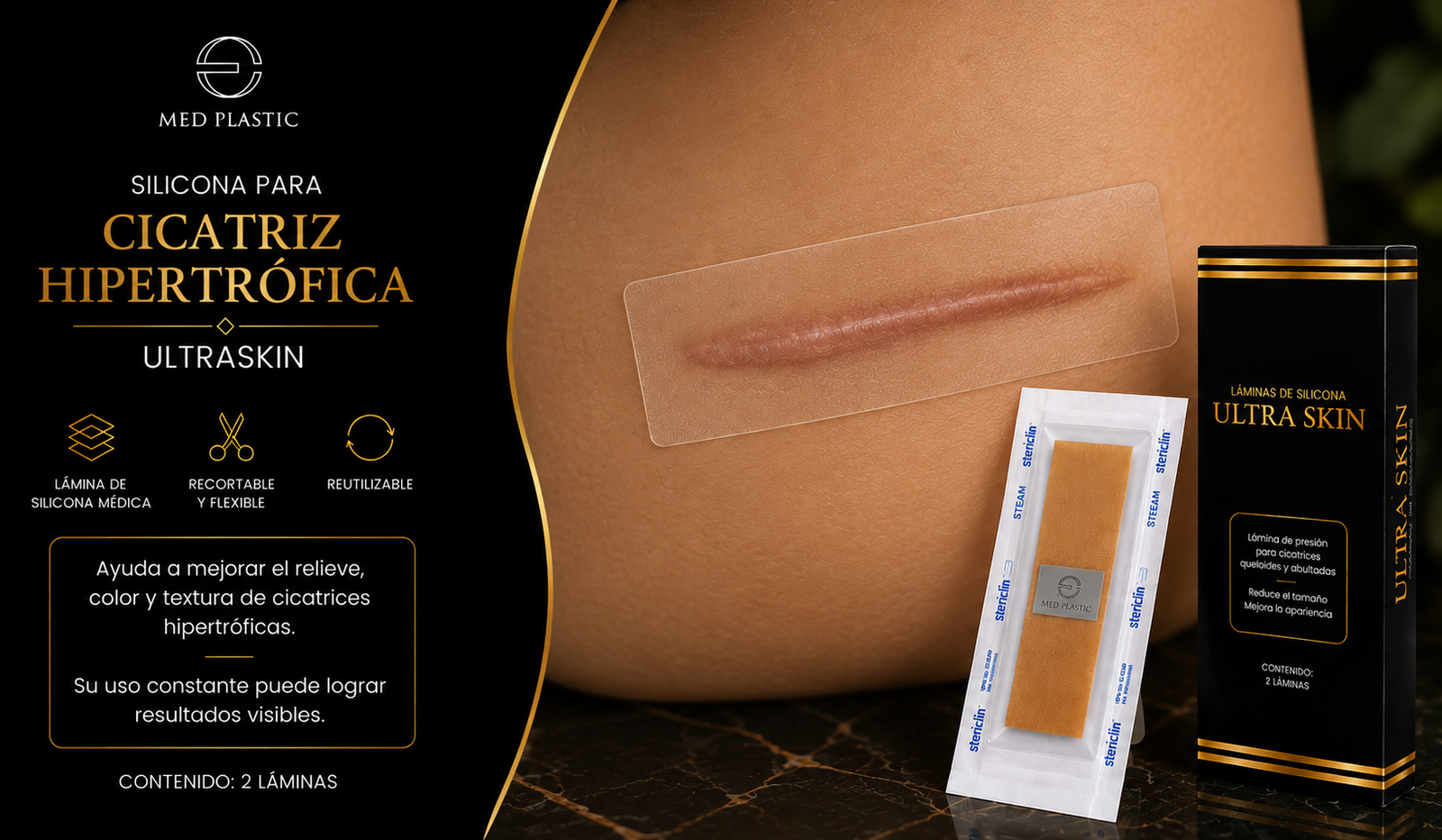 Silicona para cicatriz hipertrófica UltraSkin sobre cicatriz elevada cerrada