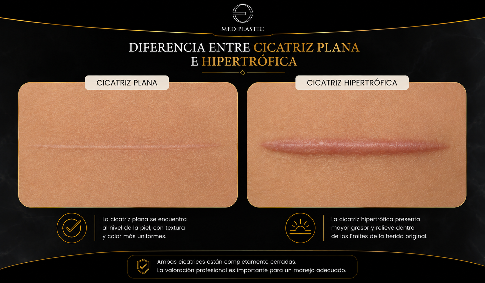 Diferencia entre cicatriz plana e hipertrófica completamente cerrada