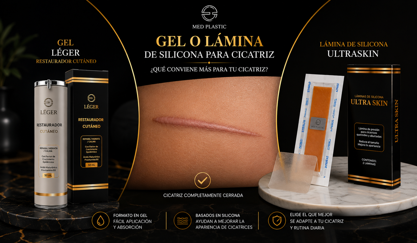 Gel o lámina de silicona para cicatriz cerrada con UltraSkin