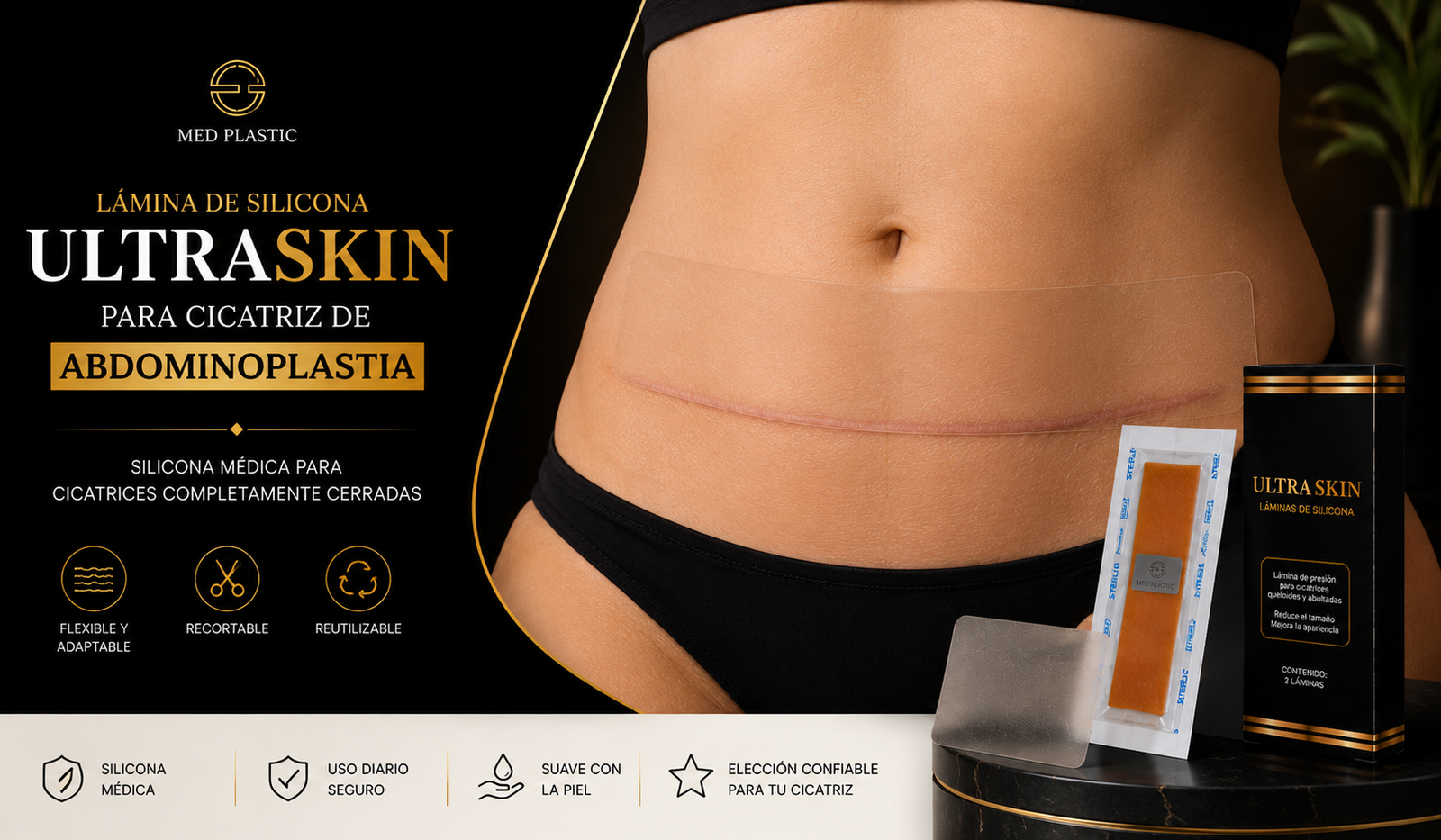 Lámina de silicona para abdominoplastia UltraSkin sobre cicatriz cerrada