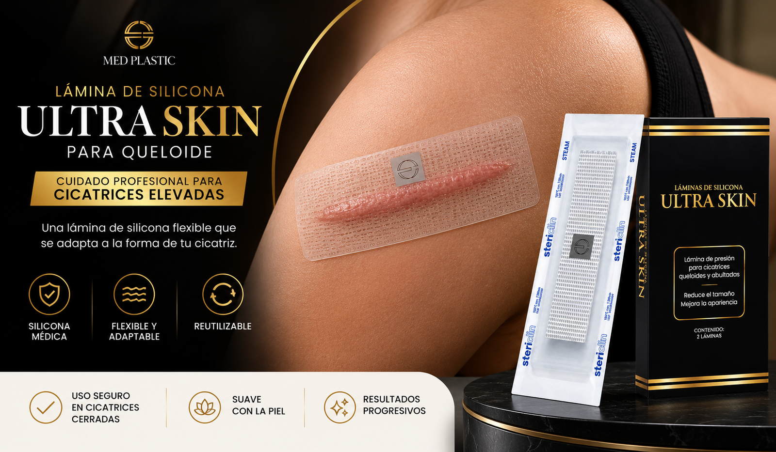 Lámina de silicona para queloide UltraSkin sobre cicatriz queloide cerrada