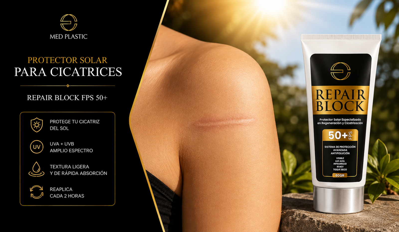 Protector solar para cicatrices Repair Block FPS 50+ sobre cicatriz cerrada