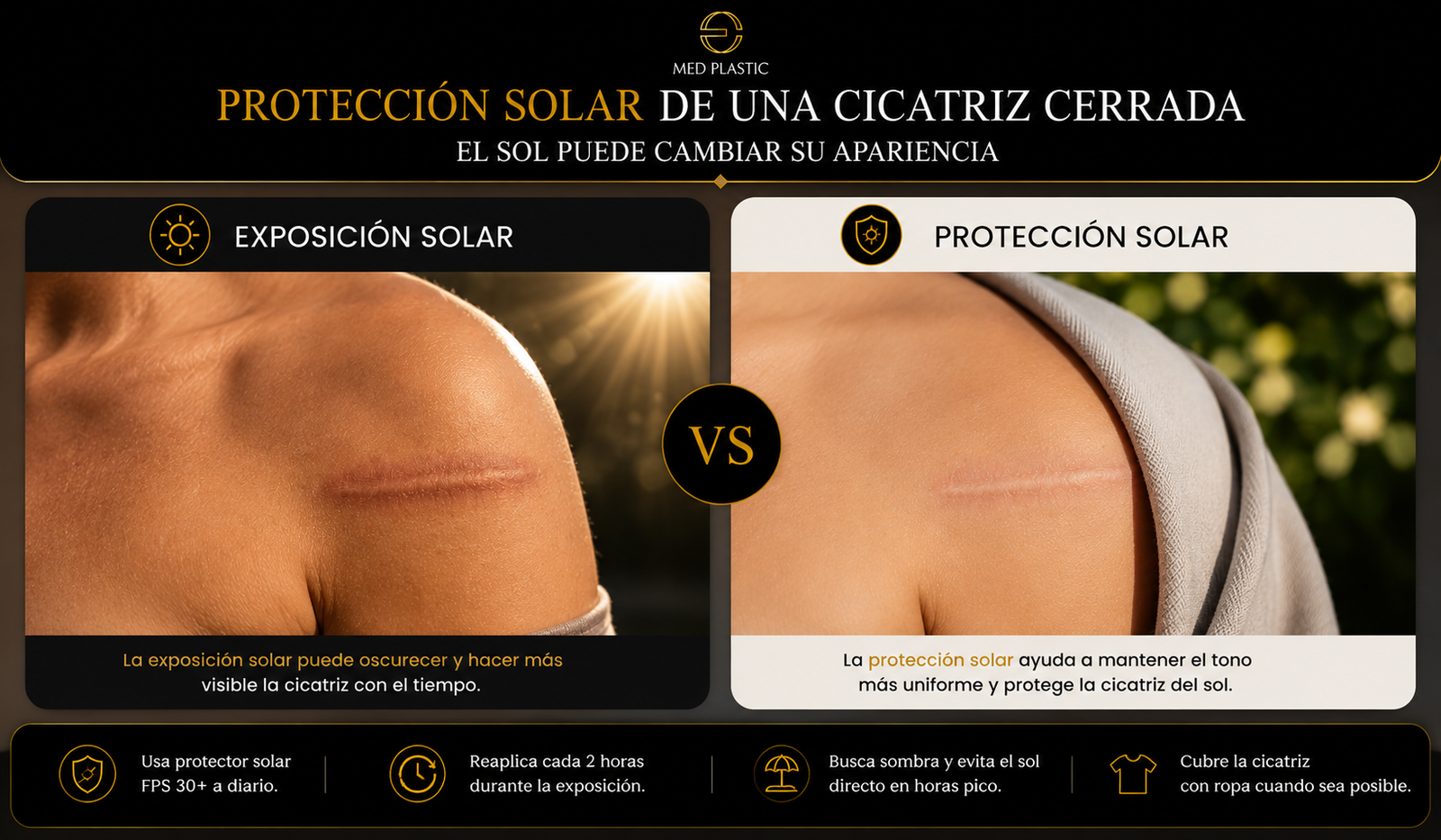 Protección solar de una cicatriz cerrada frente a la exposición al sol