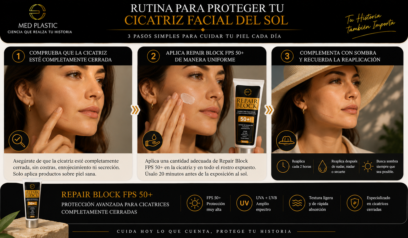 Cómo usar Repair Block FPS 50+ para proteger una cicatriz facial del sol