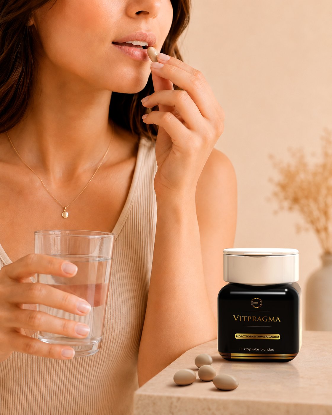 Mujer tomando VIT PRAGMA con vaso de agua