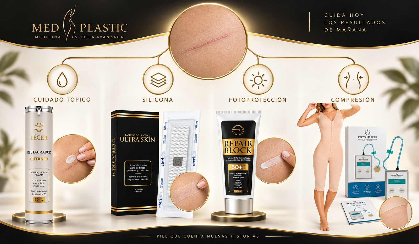 Rutina para cicatriz cerrada con productos Med Plastic