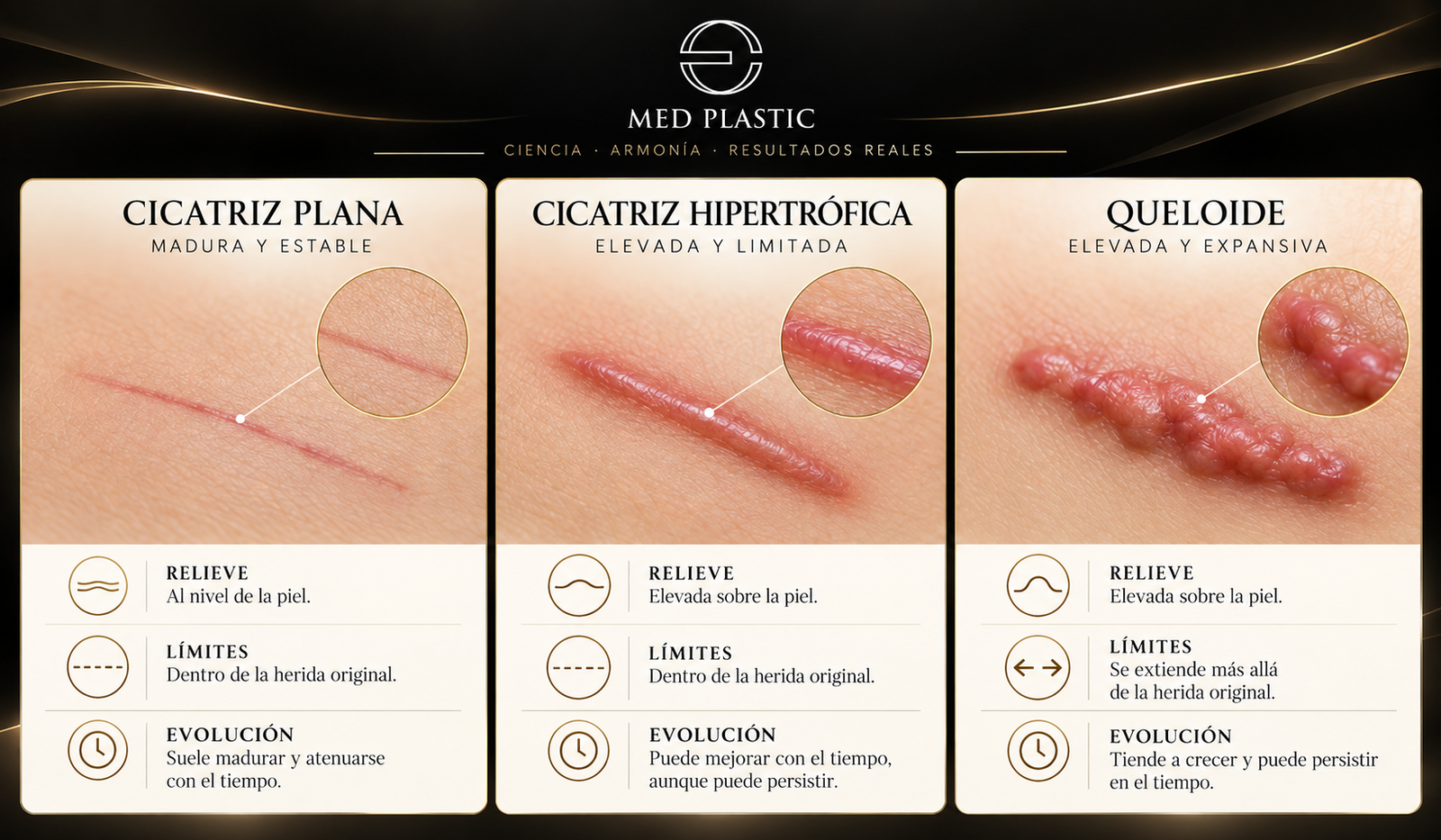 Diferencias entre cicatriz plana, cicatriz hipertrófica y queloide
