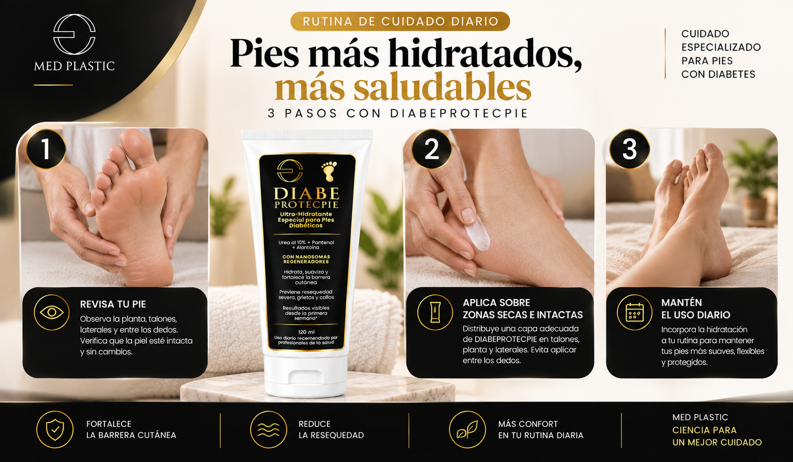 Rutina de hidratación con DIABEPROTECPIE para pies secos en diabéticos